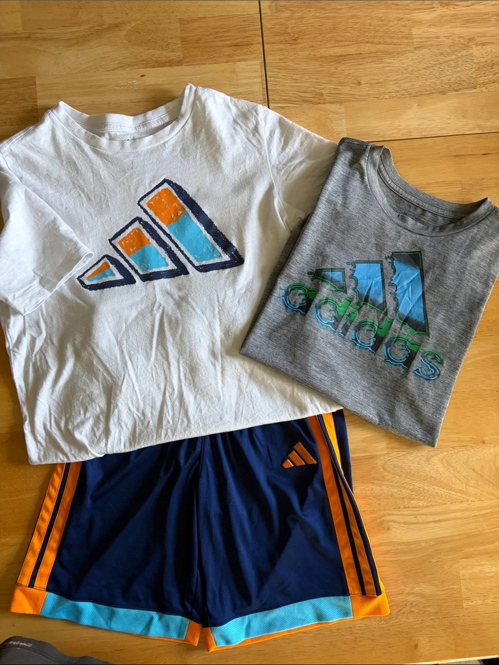adidas White & Gray Logo Tees with Navy, Orange & Light Blue Shorts